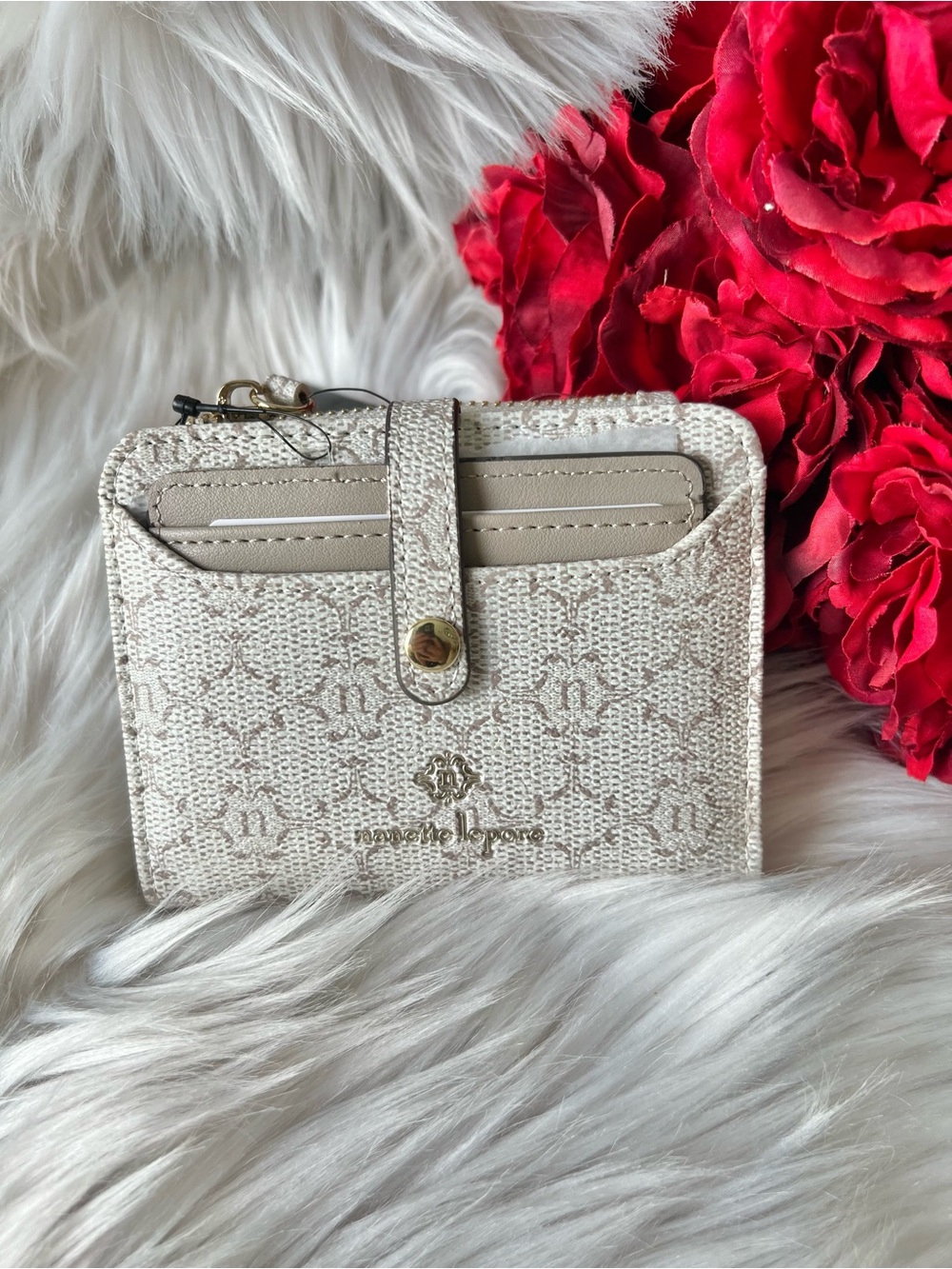 NWT Nanette Lepore Beige Monogram Card Case Wallet